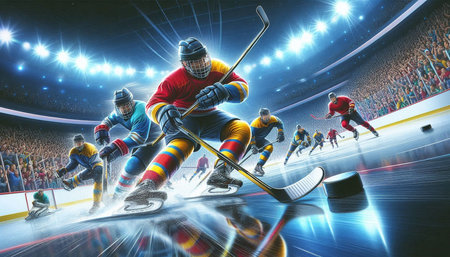Ice hockey players in action at the stadium. 3D rendering.