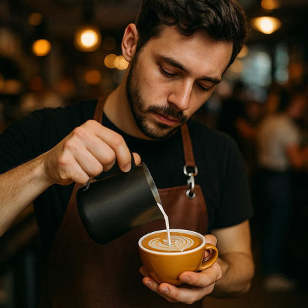 Barista pouring milk into cup of latte art coffee at bar counter
