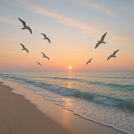 Seagulls flying over the sea at sunrise. 3d render