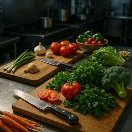 Vegetables on a wooden cutting board in a modern kitchen.