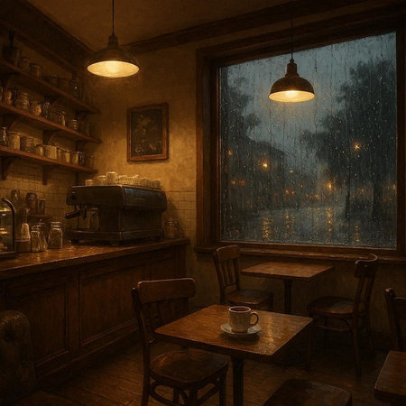 Interior of a coffee shop with a view of the rain.