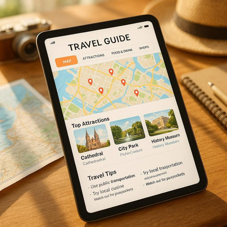 Travel guide app on digital tablet screen with map on the screen.