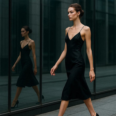 Beautiful young woman in black evening dress walking in the city.