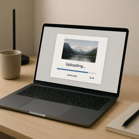 Laptop screen displaying an image of a mountain landscape on a desk