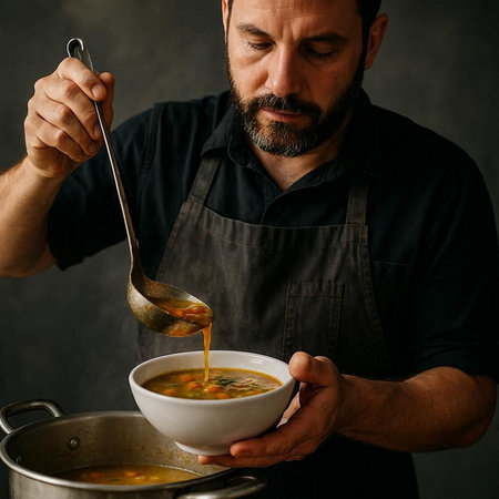 A man in a black apron is stirring soup with spoon.