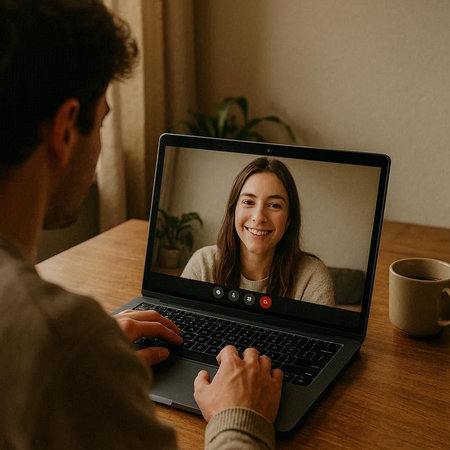 couple talking on video call at home. man and woman using laptop