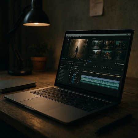 Laptop on a wooden table in a dark room with a window.