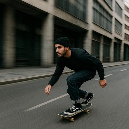 skateboarder riding on skateboard in city, motion blur