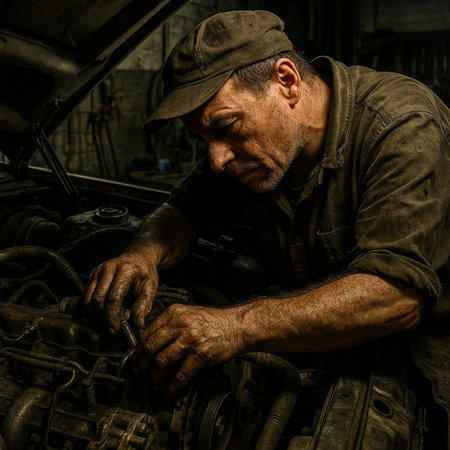 Aged mechanic repairing a car in garage. Selective focus.