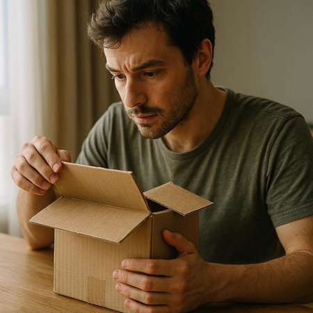 Close up portrait of a young man opening a cardboard box at home
