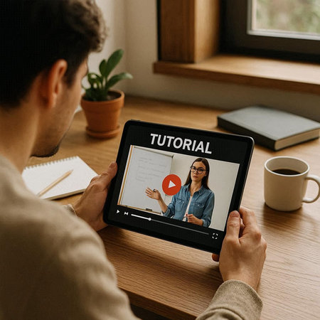 Man using digital tablet with tutorial on screen. Online education concept.