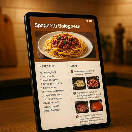 spaghetti bolognese recipe on a digital tablet in a restaurant