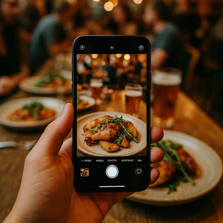Hands holding smartphone taking photo of roasted chicken with beer in pub