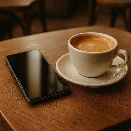 Cup of coffee and smart phone on wooden table in coffee shop