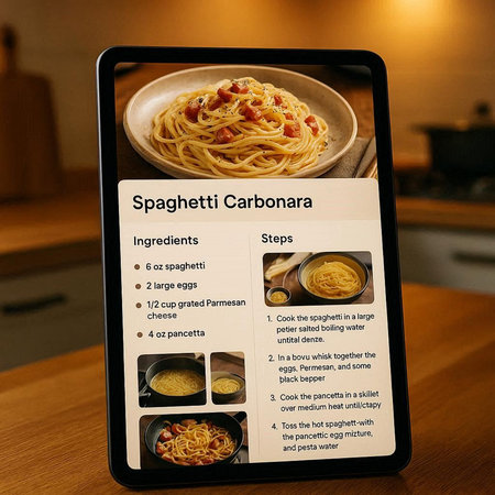 Spaghetti Carbonara in a digital tablet on a wooden table.