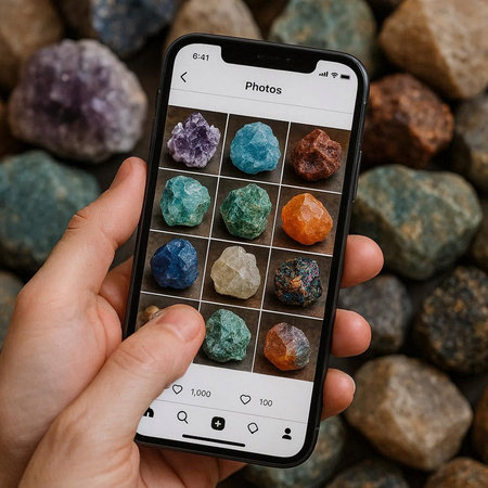 Woman using a smartphone to take a photo of crystals.