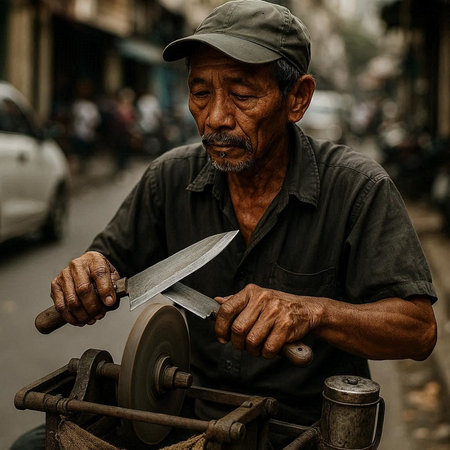 A street vendor with a knife in Hanoi, Vietnam.
