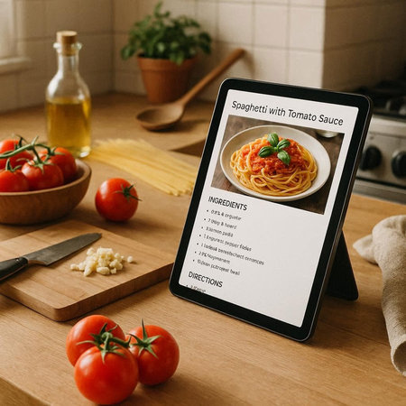 Online cooking courses concept on digital tablet screen. Modern kitchen interior background