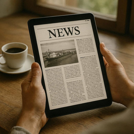 Newspaper Announcement Broadcast Media Concept. Hand holding digital tablet