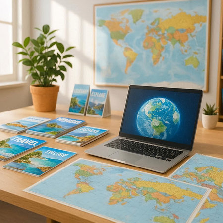 laptop with world map on table in living room, travel concept