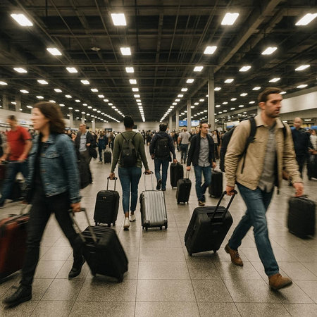 passengers with suitcases in airport terminal, motion blur, travel concept