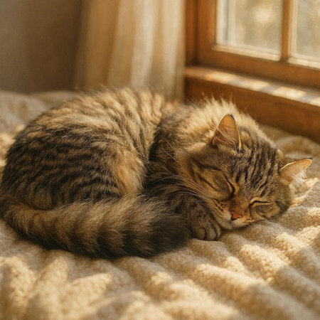Cute tabby cat sleeping on a bed in the sunlight.