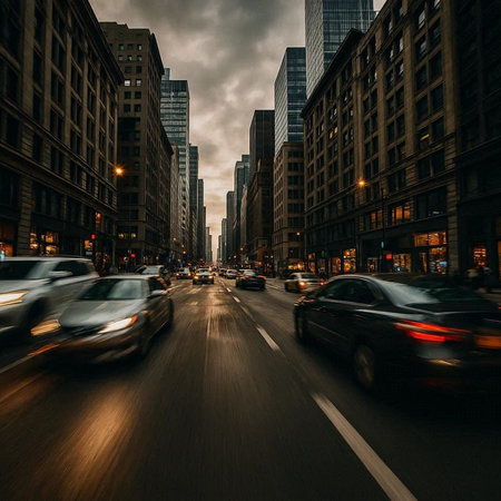 Cars driving on the street in Chicago, Illinois, USA.