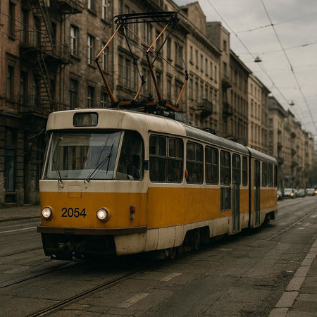 Old yellow tram on the street in Lviv, Ukraine. Retro style photo.