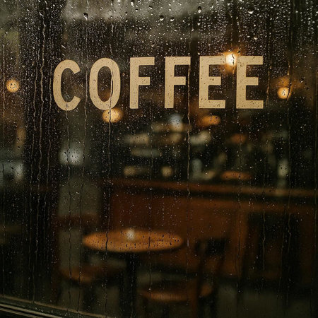 Coffee shop sign on wet glass with rain drops, blurred background