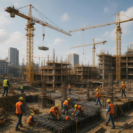 3d rendering of construction site with cranes and workers on it