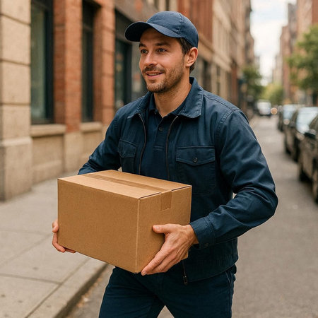 smiling delivery man in uniform holding cardboard box and looking at camera