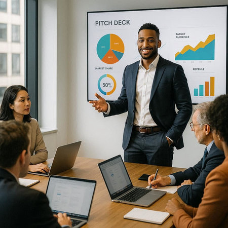 African american businessman presenting financial report to colleagues in meeting room. Multiethnic group of business people working together in modern office.