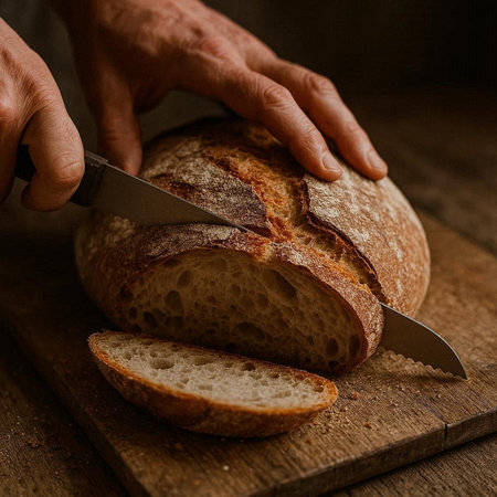 Male hands cut a loaf of bread on a wooden board. Dark background.