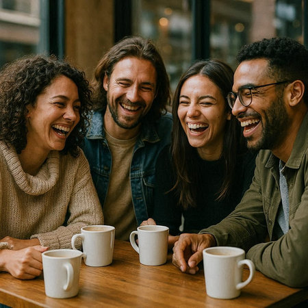 Group of diverse friends sitting at a table with cups of coffee and laughing