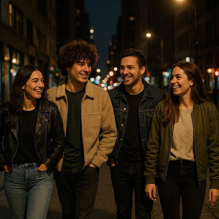 Group of friends having fun on the street at night, looking at camera.