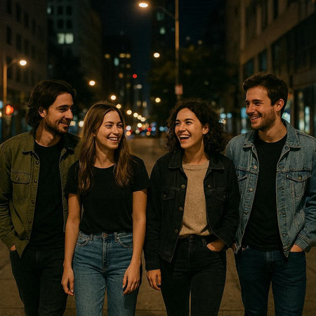 Group of young friends walking in the city at night, smiling and looking at camera