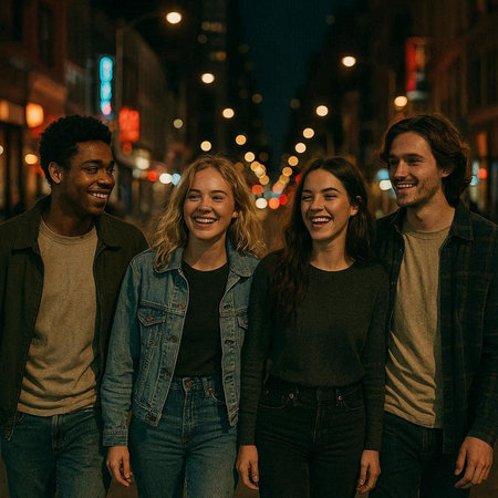 Group of friends walking in the city at night. Group of young people having fun together.