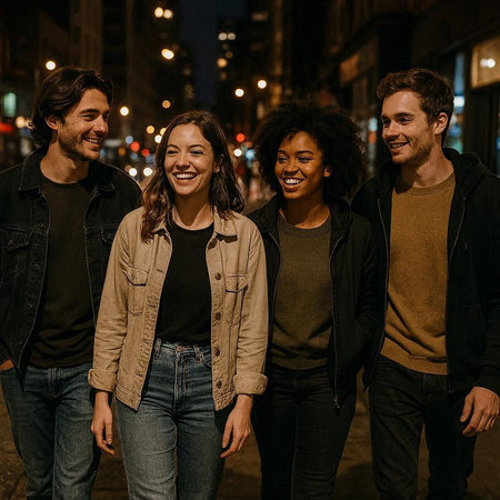 Group of friends walking in the city at night. Group of young people having fun together.