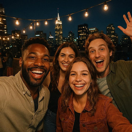 Group of friends taking a selfie in New York, wearing casual clothes