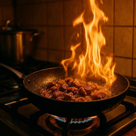 Fried meat in a frying pan on the fire in the kitchen