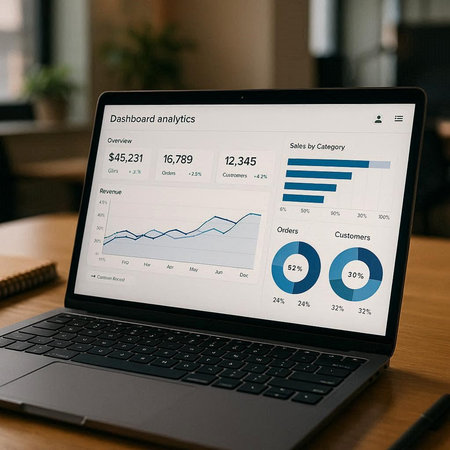 Laptop screen displaying a business data analysis concept on a desk.