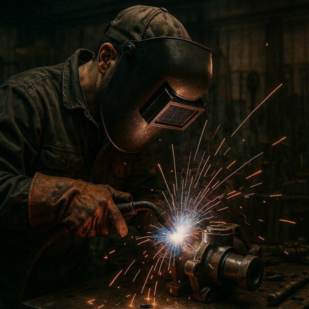 Welder at work with a welding torch in a metal workshop.