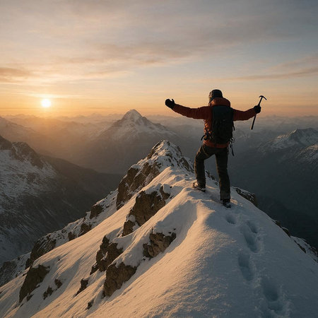 Hiker on the top of the mountain at sunset. The concept of active life, mountaineering and mountaineering.
