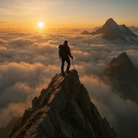 Hiker on the top of the mountain at sunrise. The concept of active and extreme tourism