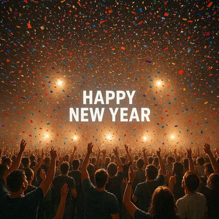 Happy New Year! Silhouettes of people at music festival.