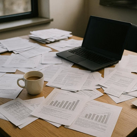 Close up of a desk with documents and a cup of coffee.