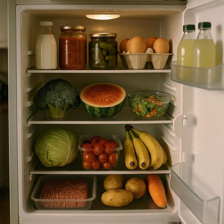 Refrigerator full of food, vegetables and fruits. Healthy eating concept