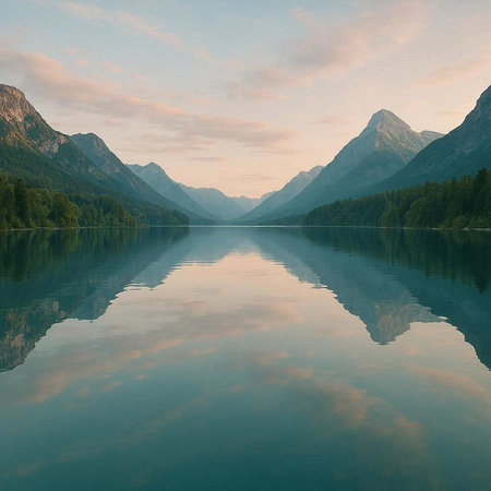 Mountains reflected in the water of a lake at sunrise. Landscape.