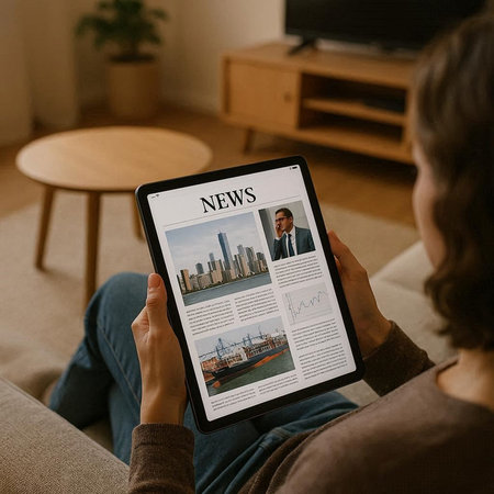 Woman reading news on digital tablet while sitting on sofa at home.