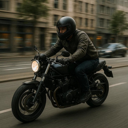 Biker in helmet and leather jacket riding a motorcycle on the street